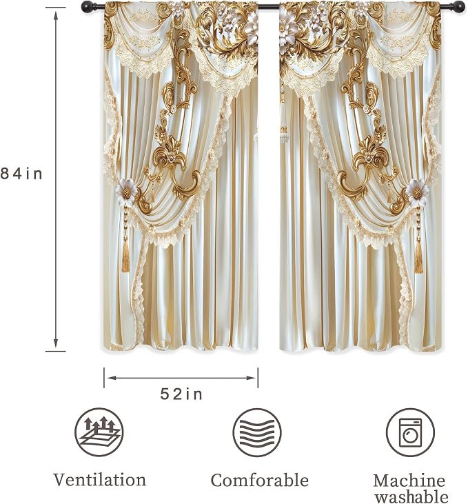 White Gold Vintage Elegant Luxury No Living Room Bedroom Window Curtains | 52"W - Image 3