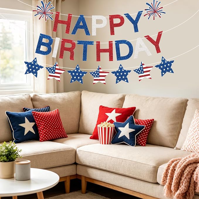 Happy Birthday Banner Patriotic Red White Blue Decorations, Glitter Happy - Image 6