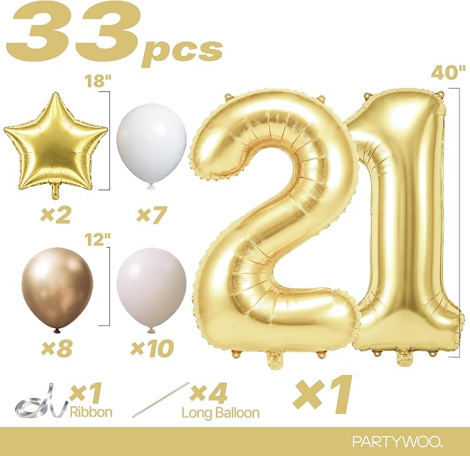 PartyWoo Number Balloons 40 Inch Gold Number 21 Kit 33pcs - Image 2