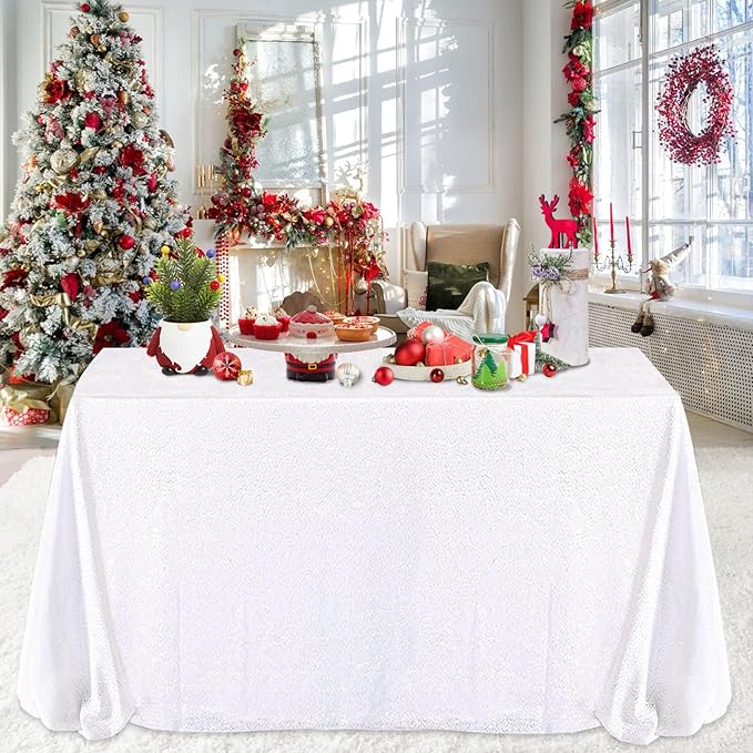 QueenDream Sparkly Sequin Tablecloth - White Table Cloth 50x80 Inches Rectangle Table Overlay Fabric for Birthday Parties Baby Shower Decoration