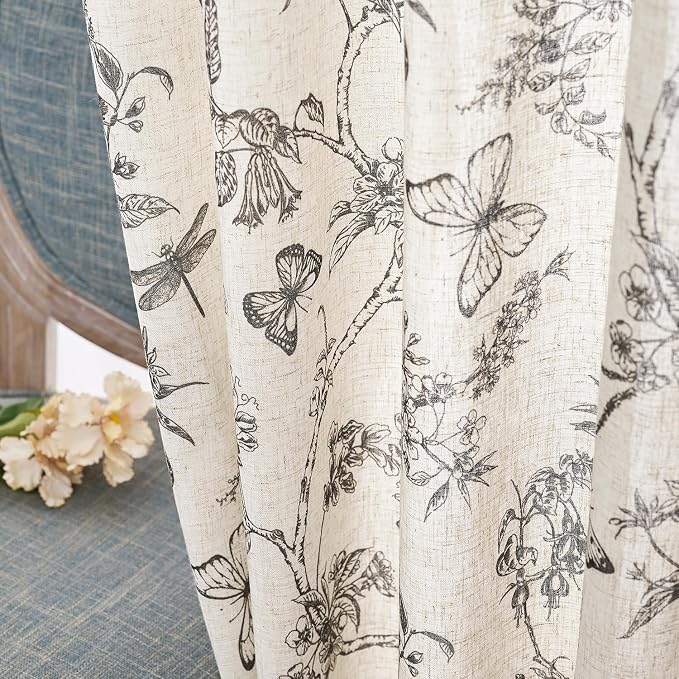 Black Floral Linen Curtains Farmhouse Rod Pocket 50W X 96L 2 Panels | Charlotte - Image 8