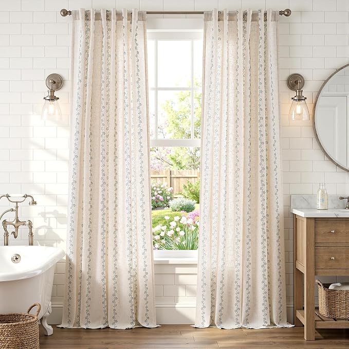 Cathy Blue Linen Floral Curtains 84 inches Long Semi Sheer Drapes 2 Panels - Image 6