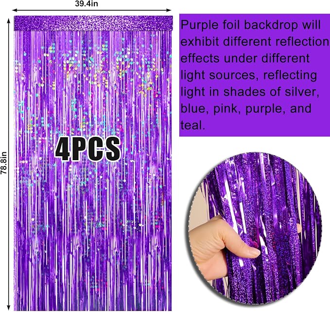 4 Packs Purple Foil Fringe Curtain, Baby Shower, Princess Bachelorette - Image 6