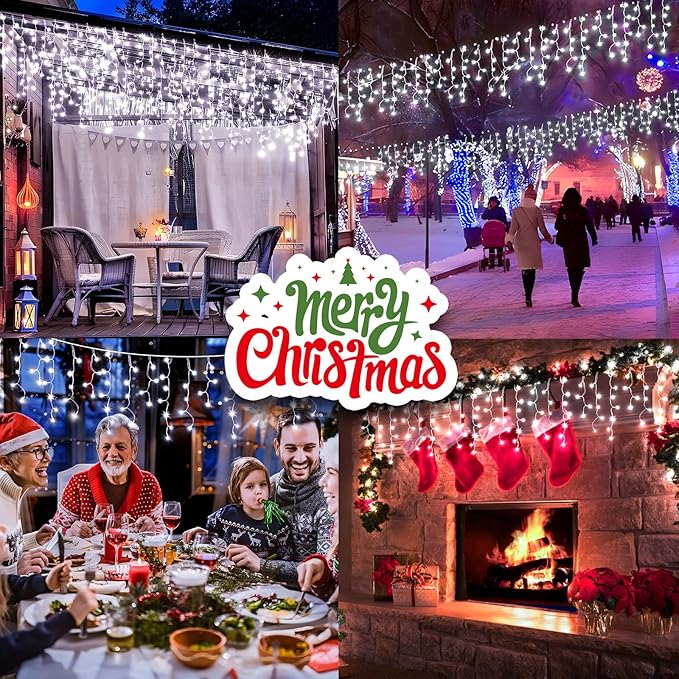KNONEW Christmas Lights Outdoor Decorations 400 LED 33ft 8 Modes Curtain Fairy String Light with 75 Drops, Clear Wire LED String Light Decor for Wedding Party Holiday Christmas Decorations(Cool White)