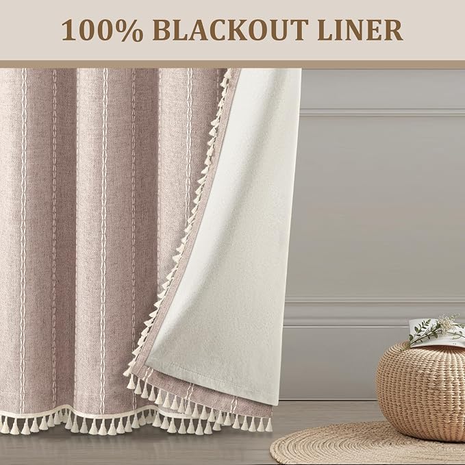 Light Brown 100% Boho Blackout Curtains 84 Inch 2 Panels | Vintage Farmhouse - Image 6