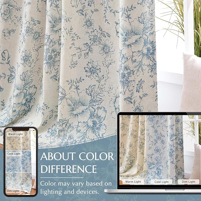 jinchan Blue Floral Linen Blackout Curtains Lined 63 Inch Back Tab 2 Panels | - Image 6