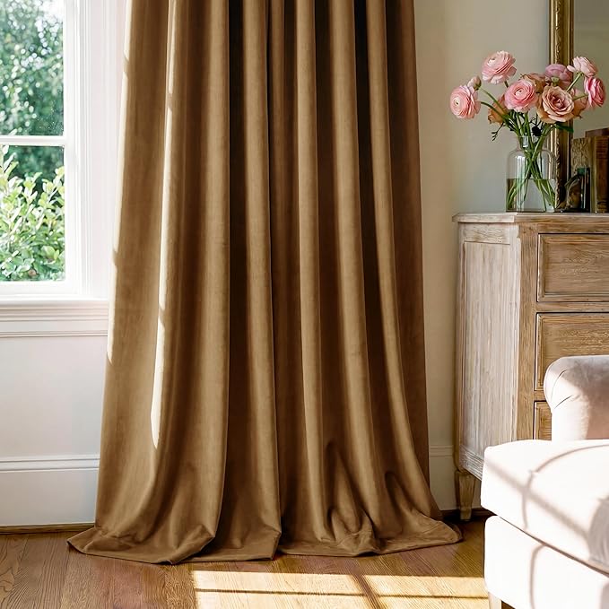 Gold Brown Velvet Curtains for Living Room Boho, 2 Panels | 300GSM Soft Velvet - Image 7