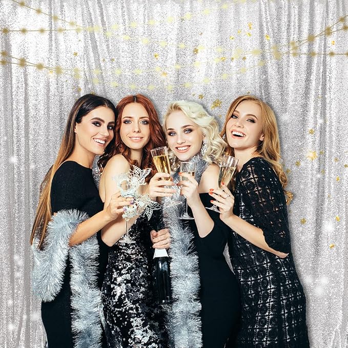 PartyDelight Silver Sequin Backdrop 6x8ft Sparkly Photo Curtain | 4 Inch Rod - Image 7