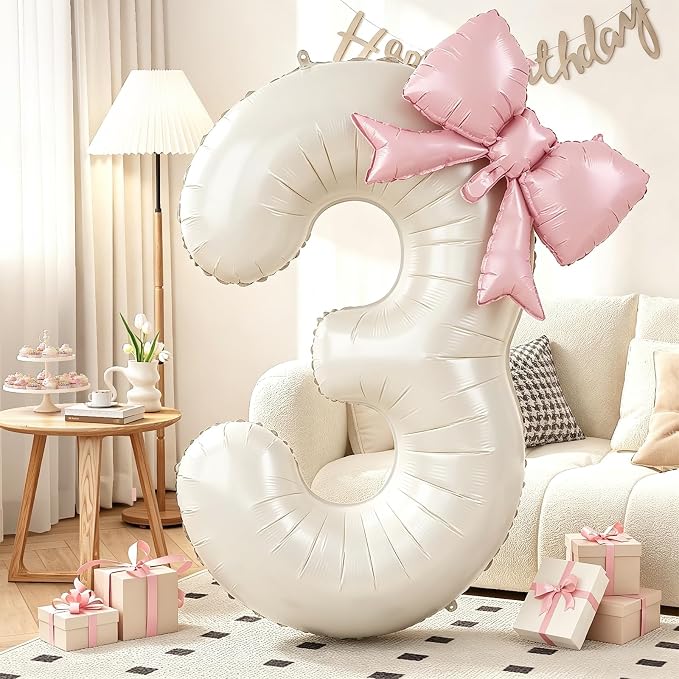 40 Inch Cream Number 3 with Pink Bow Balloons, Giant Self Inflating Beige Foil by KYGNE