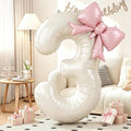 40 Inch Cream Number 3 with Pink Bow Balloons, Giant Self Inflating Beige Foil by KYGNE
