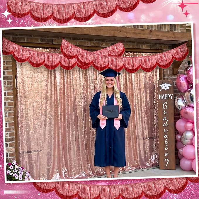 2pcs 6.6ft Flash Pink Fringe Garland Scalloped Tassel Banner 8 Waves Sparkle - Image 8