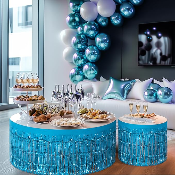 8 Pack Lake Blue Table Skirts, 29x108" Metallic Foil Tinsel Fringe Table Skirts for Rectangle Tables Streamer Curtains Backdrop, Party Decorations for Birthdays Weddings Holidays