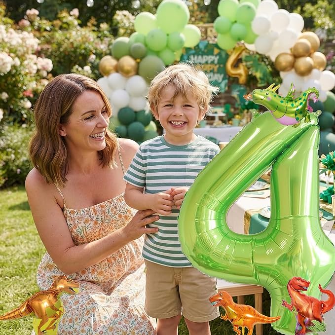 Dinosaur 4th Birthday Decorations 40 Inch Giant Green Number 4 Foil Balloon | - Image 6