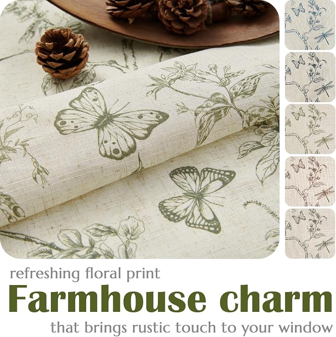 Green Floral Linen Lined Curtains Rod Pocket 50W X 63L 2 Panels | Charlotte - Image 5