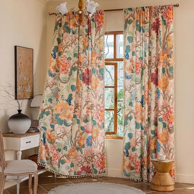 Floral Rod Pocket Semi Sheer Bedroom Curtains 84 Inch Length 2 Panels Set | - Image 6