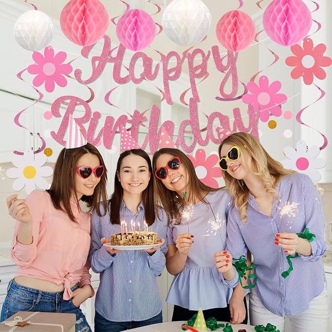 YEOCU Birthday Decorations, No DIY Pre-Strung Happy Birthday Banner | Pink - Image 4