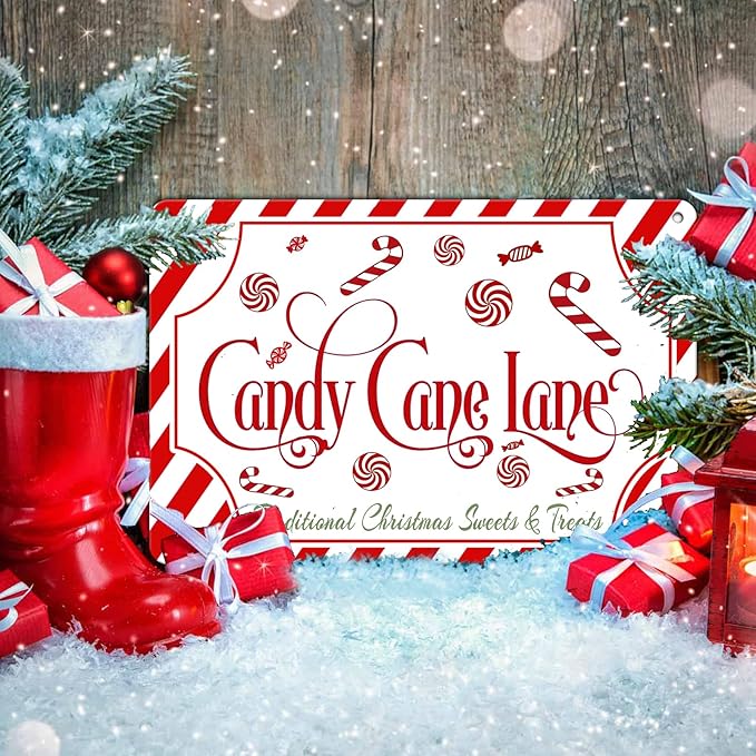 Christmas Candy Cane Lane Metal Tin Sign Traditional Christmas Sweets and Treats Winter Sign for Home Living Room Outdoor or Indoor Wall Decor Gift Christmas Candy Cane Lollipop 8x12Inch
