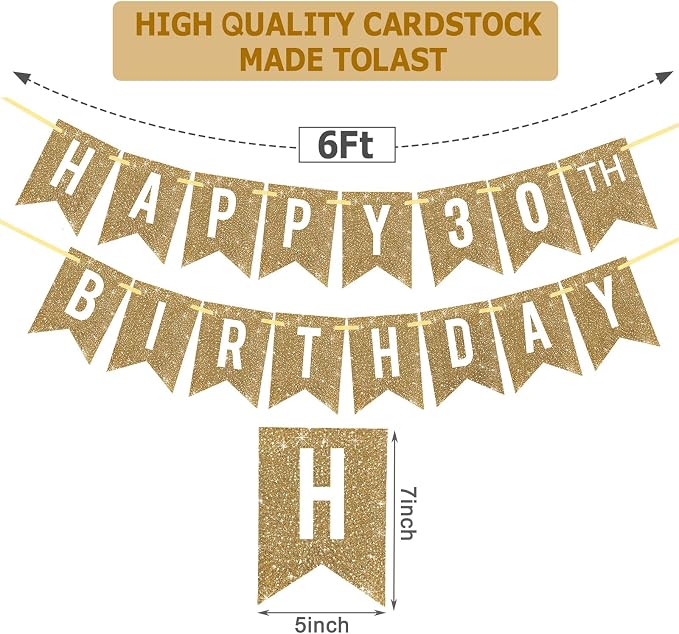 Netnology Pre-Strung Gold Glitter 30th Happy Birthday Banner Decorations | 12 - Image 2