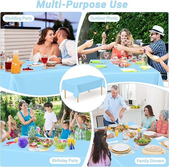4 PCS SkyBlue Plastic Tablecloth, 54" x 108" Waterproof Picnic Table Cover for Indoor Outdoor, Disposable Stain Resistant Table Cloth of Baptism Decorations, Picnic Camping Party Essentials