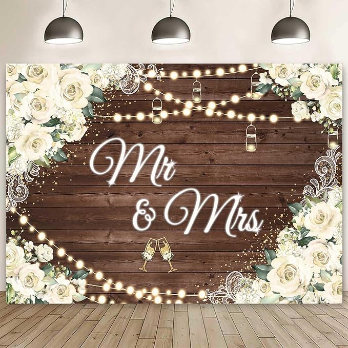 8x6ft Floral Mr and Mrs Engagement Decorations Backdrop White Flowers Wooden by Ayayiya