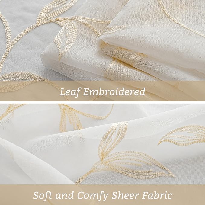 Sheer Kitchen Cafe Curtains Embroidered Leaf Pattern Beige 54x16 | Light - Image 4