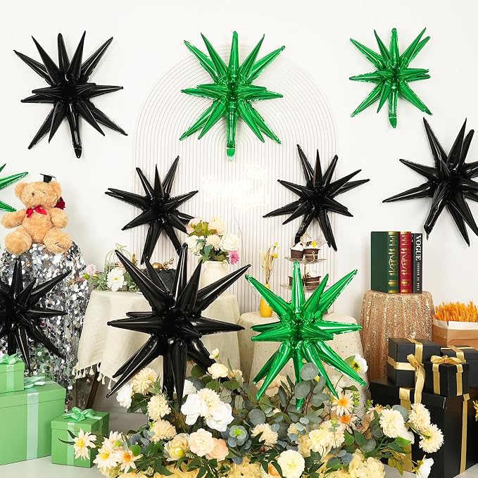 9Pcs Green and Black Star Balloons, Large Explosion Foil Balloons, Metallic - Image 6