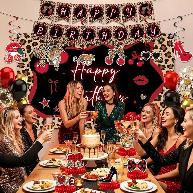 Cheetah Print Party Decorations 29pcs Cheetah Cherry Party Supplies | Red Black - Image 6