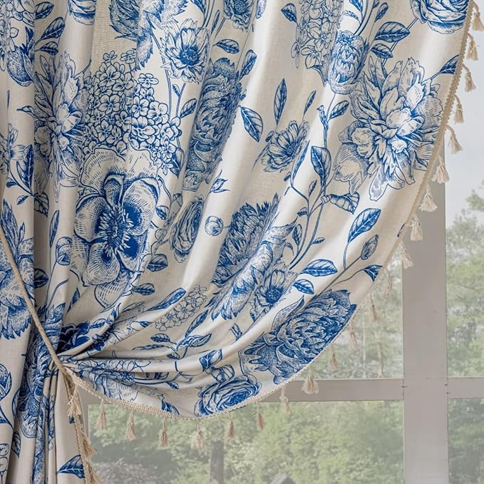 F-CHU Blue Floral Farmhouse Curtains Living Room Drapes 84 Inch Length Cotton by F-CHU