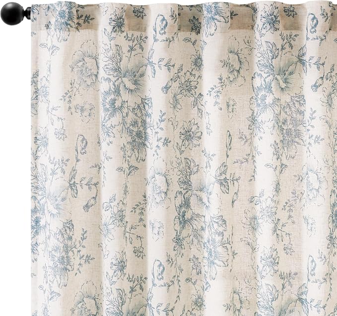 jinchan Blue Floral Linen Curtains 54 Inch Vintage Back Tab 2 Panels | Light - Image 8