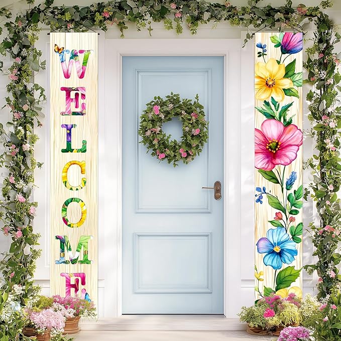 Hometitute 2 Pcs Spring Summer Welcome Floral Porch Banners Butterfly Flower - Image 4