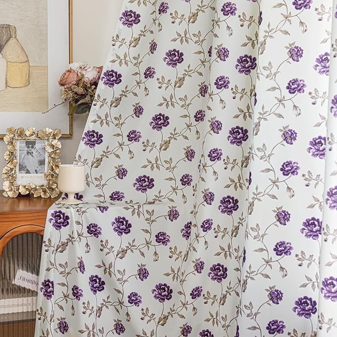 Beauoop Floral Sheer Curtains for Bedroom Purple Brown 52x96 2 Panels | Semi - Image 6
