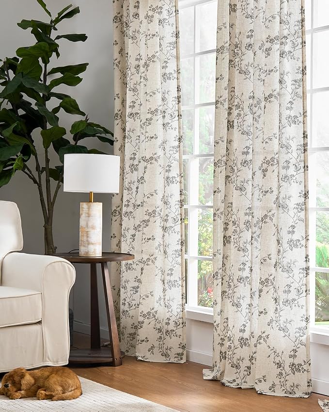 jinchan Black Floral Linen Curtains 63 Inch Farmhouse Back Tab 2 Panels | - Image 6