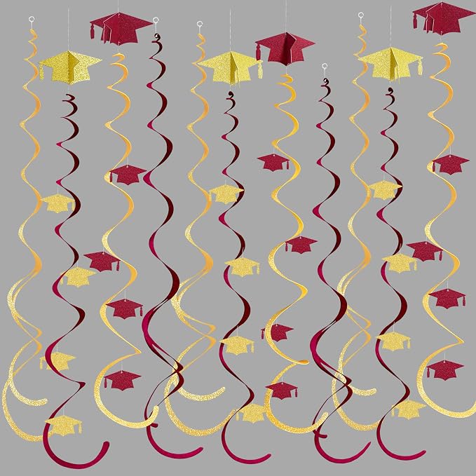 24Pcs Maroon Gold Graduation Grad Cap Hanging Felt Swirl Streamer Spiral by pinkblume