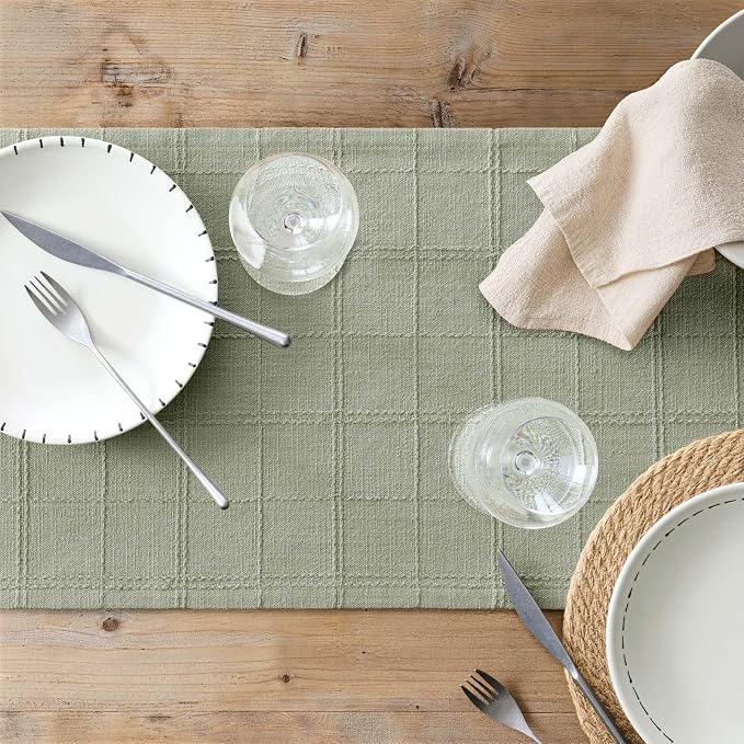 Linen Checked Farmhouse Table Runner, 13x90 Inches Seeding Green | Raised Grid - Image 7