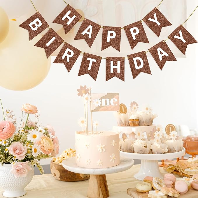 Hooqict Happy Birthday Banner Brown Birthday Party Decorations Backdrop - Image 8