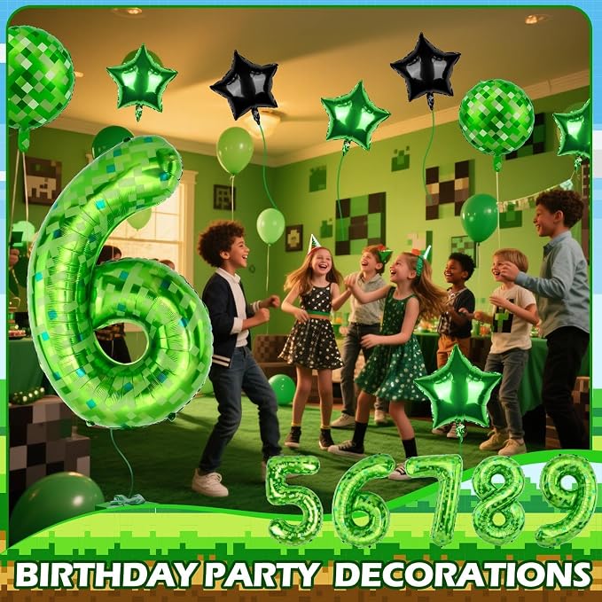 40 Inch Green Pixel Themed Number 6 Balloon Set Foil Balloon - Image 4