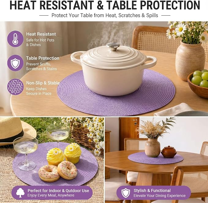 FunWheat Round Braided Placemats Set of 8 Table Mats - Image 9