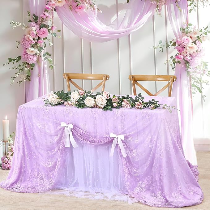 LuoluoHouse Sheer Lace Tablecloth Floral 6pcs Table Fabric 60x120 Inch for Rustic Party Wedding Decoration Rectangle Overlay Long Embroidered Reception Table Cloth Decor