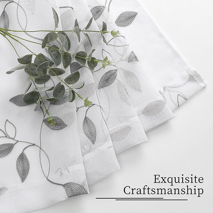 Tollpiz Grey Leaf Sheer Curtains Living Room 54 x 63 Inches | Leaves - Image 7