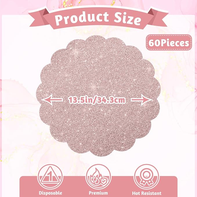 60 Pcs Rose Gold Glitter Paper Placemats, 13.5 Inch Scalloped Table Mats | - Image 2