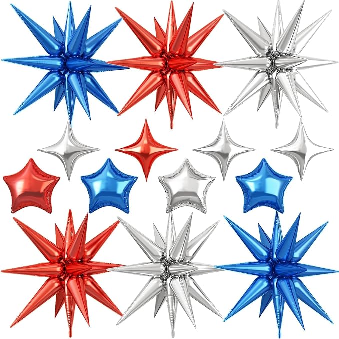 14pcs Blue Red Silver Star Balloons, Mixed Star Foil Balloon, 22Inch Explosion by vibzox