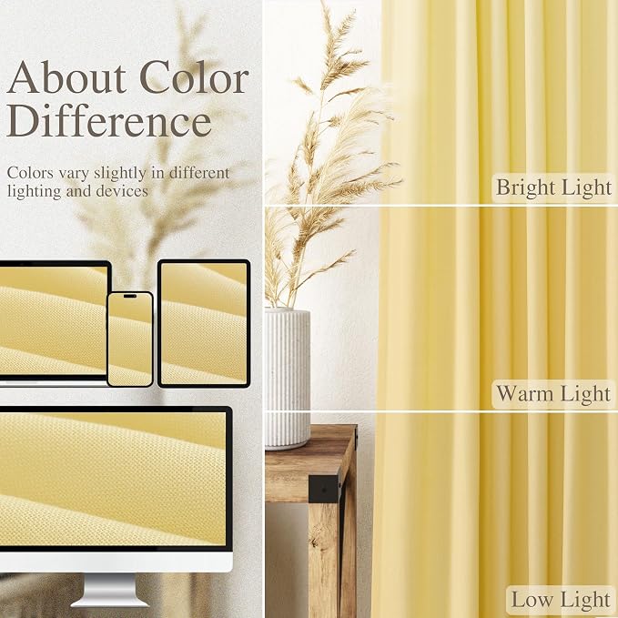 Yellow Linen Textured 96 Inch Curtains 2 Panel Set Back Tab Rod Pocket Sheer - Image 4