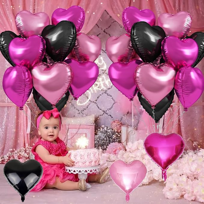 Pink Black Heart Foil Balloons - Image 5