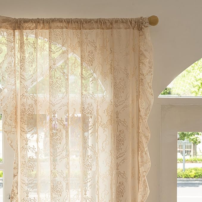 Deeprove Beige Lace Curtains 63 inches Length 2 Panels Set Sheer Boho Florals - Image 3