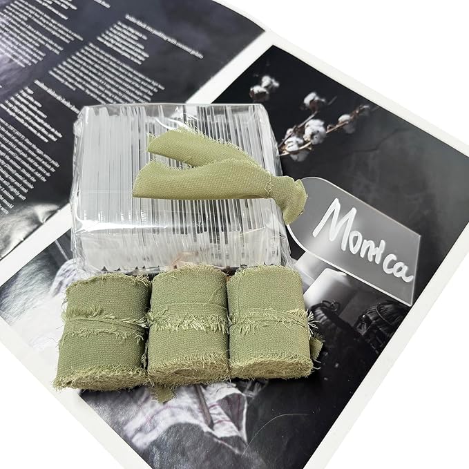 50Pcs Acrylic Place Card for Wedding Frosting Acrylic DIY Table Seating Cards Wedding Supplies with Green Ribbon