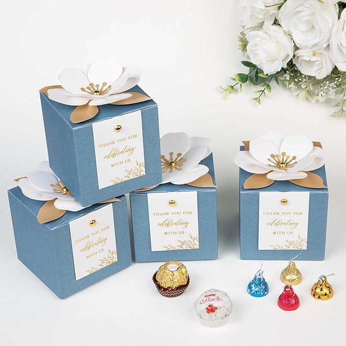 FEIYI 20 PCS Dusty Blue Gift Boxes, 3 In 1 Favor Boxes with Floral Decor, White Thank You Tags Cupcake Containers Gift wrapping for Wedding, Baby Shower, Birthday, Decorations Party - 3.55x3.55x3.55