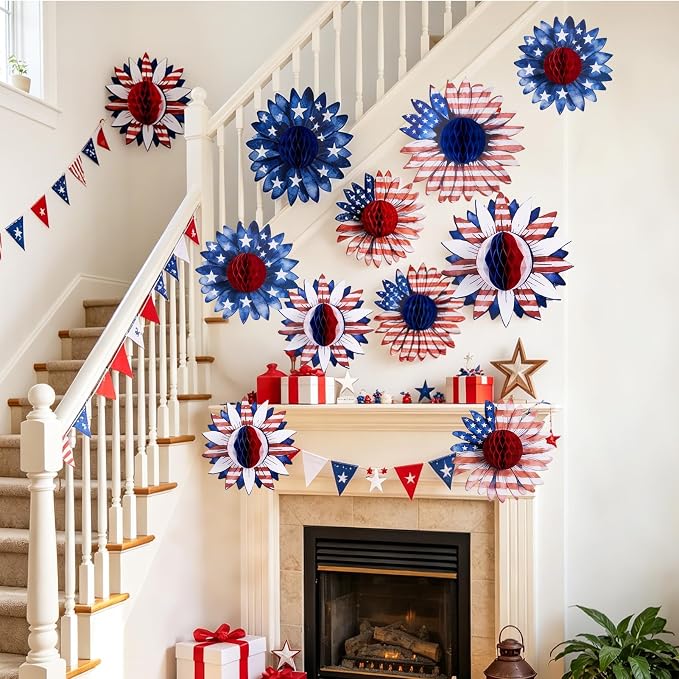 SUNBEAUTY 4th of July Patriotic Decorations Red White Blue Hanging Honeycomb - Image 8