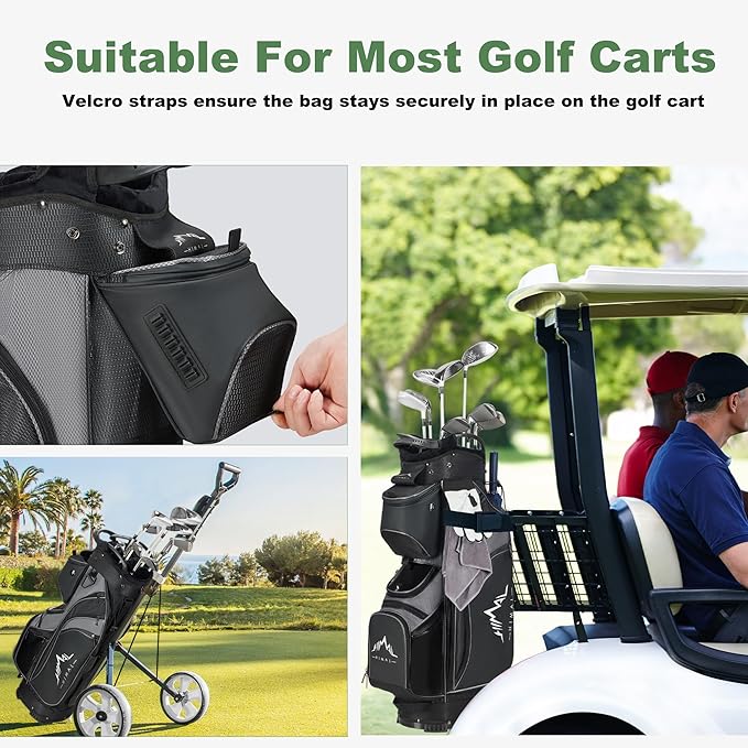 14-Way Golf Cart Bag with Full Length Divider, Premium PU Leather Golf Bag with Plush Top, Magnetic Pocket and Rain Cover for Men