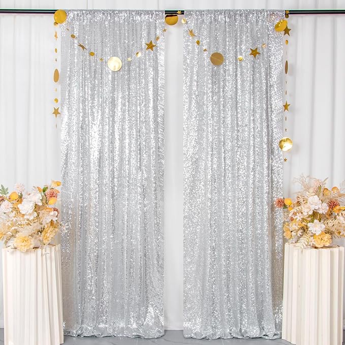 ShinyBeauty Silver Backdrops 2 Pieces Sequin Curtains 4FTx7FT Photoshoot - Image 2