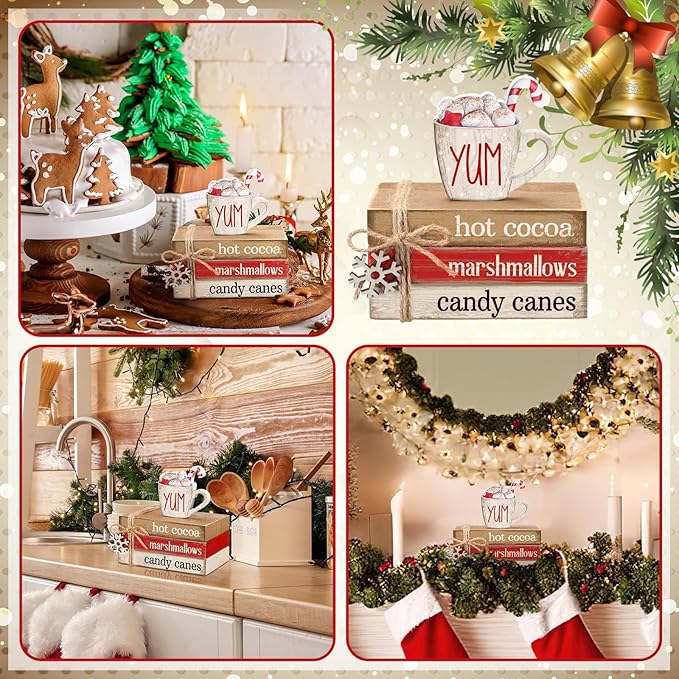 4 Pcs Christmas Table Decorations Winter Snowflake Tiered Tray Decorations Decorative Mini Wooden Books Subject Signs Block Centerpiece for Office Tabletop Shelf Housewarming Gifts
